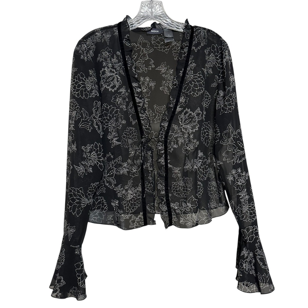 Mexx Sheer Black Floral Velvet Trim Tie Front Blouse Cape Women Sz 10 Whimsigoth